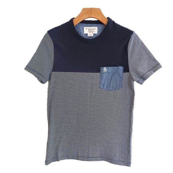 Penguin Boys T-Shirt Small Blue Gray Short Sleeve Stripes Crew Neck Cotton - Picture 1 of 9